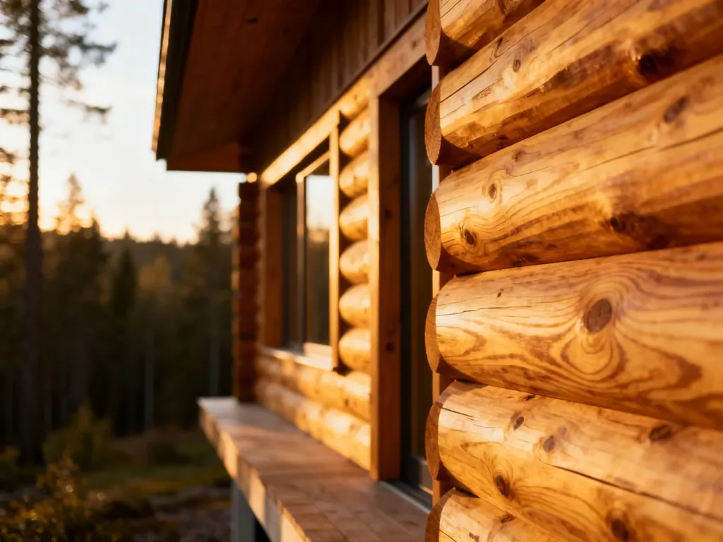 Zbliżenie na ścianę nowoczesnego domu z bali cedrowych w świetle zachodzącego słońca, podkreślające naturalną fakturę drewna.