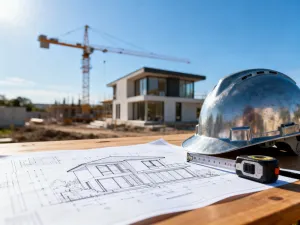 Projektowanie wnętrz domu: stół kreślarski z planami, próbnikami kolorów i narzędziami na tle budowanego salonu.