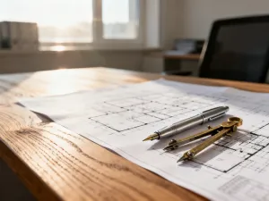 Kalkulator, plan domu i dokumenty finansowe na biurku, symbolizujące proces obliczania podatku od nieruchomości.