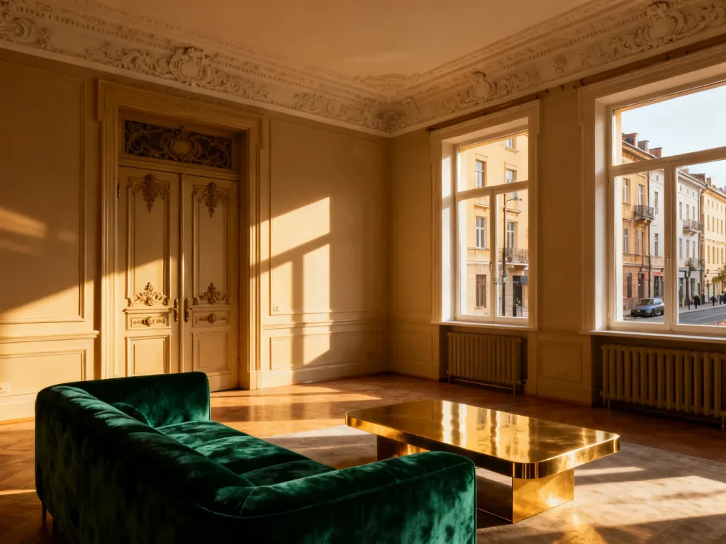 Elegancki salon w kamienicy z aksamitną sofą i mosiężnym stolikiem, podkreślający klasyczny styl wnętrza.