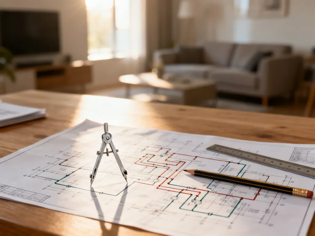 Profesjonalny projekt instalacji elektrycznej i hydraulicznej na biurku architekta z przyborami kreślarskimi.
