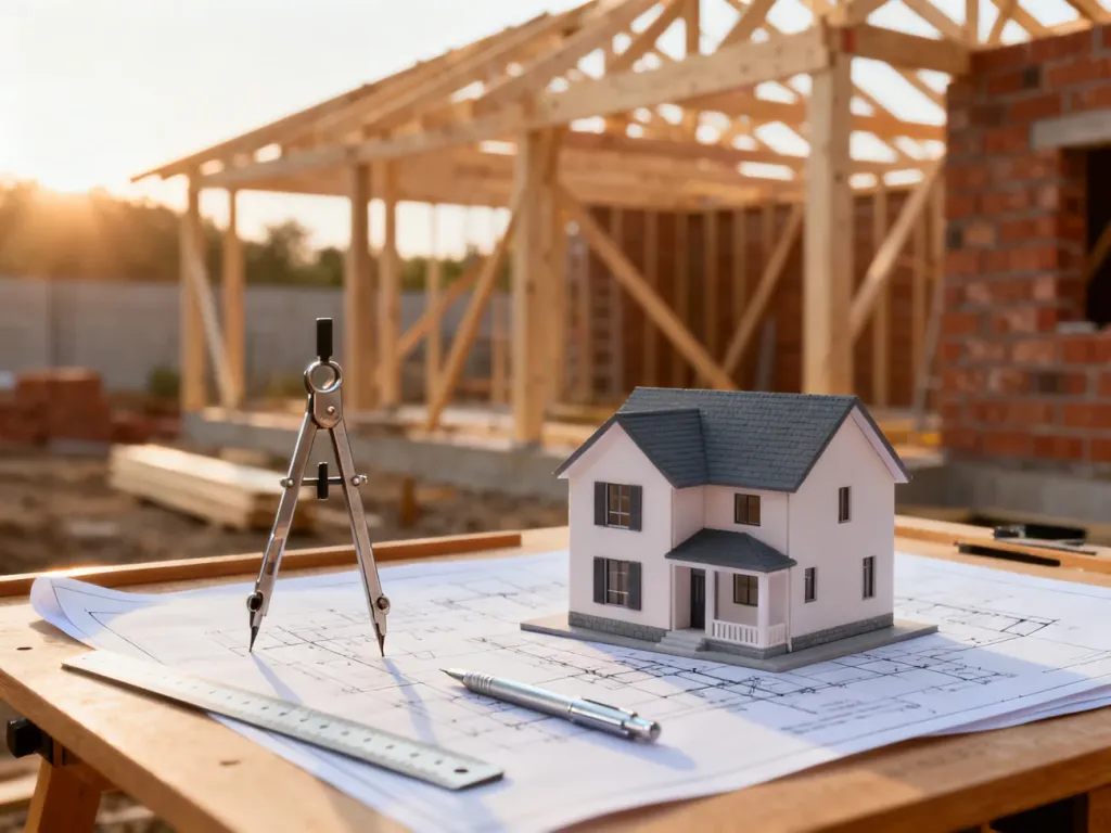 Model architektoniczny nowoczesnego domu na biurku z planami budowy, przyborami kreślarskimi i placem budowy w tle.