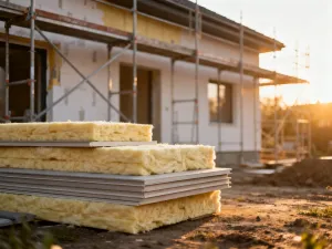 Projekt architektoniczny domu na biurku z okularami i długopisem, w tle widoczna budowa w trakcie realizacji.