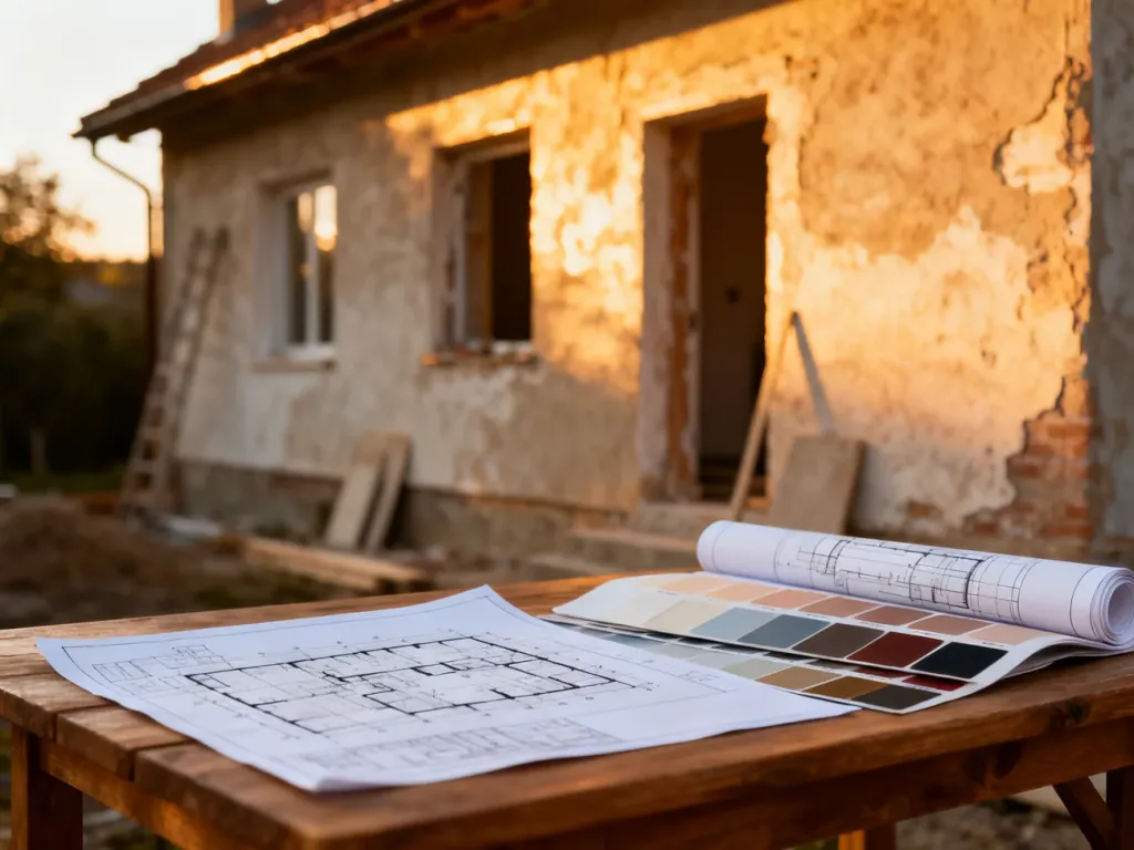 Plany architektoniczne i próbki kolorów na tle odnawianego domu, ilustrujące proces projektowania elewacji.