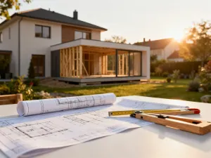 Świeżo otynkowana biała ściana wewnątrz domu o powierzchni 120 m² z narzędziami tynkarskimi w świetle poranka.