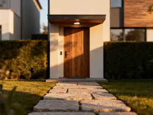 Dom z lat 70. z charakterystyczną architekturą i płaskim dachem w promieniach zachodzącego słońca.