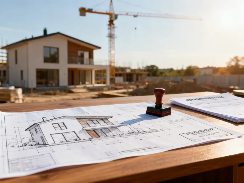 Projekt architektoniczny domu z pieczątką pozwolenia na budowę leżący na biurku, w tle plac budowy.