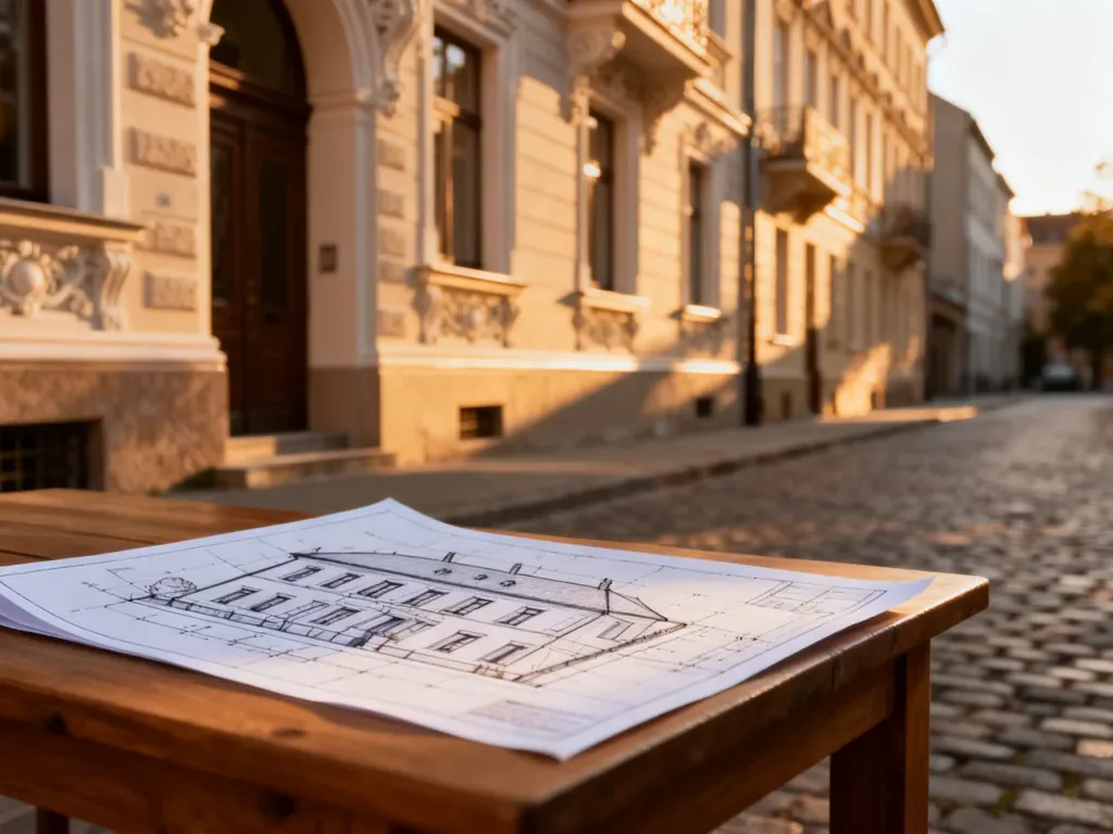 Projekt renowacji kamienicy leżący na stole na tle odrestaurowanej fasady budynku.
