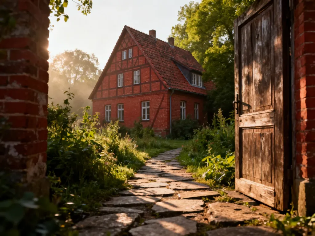 Zabytkowy dom z czerwonej cegły w otoczeniu bujnego ogrodu, prezentujący architekturę poniemiecką w porannym świetle.