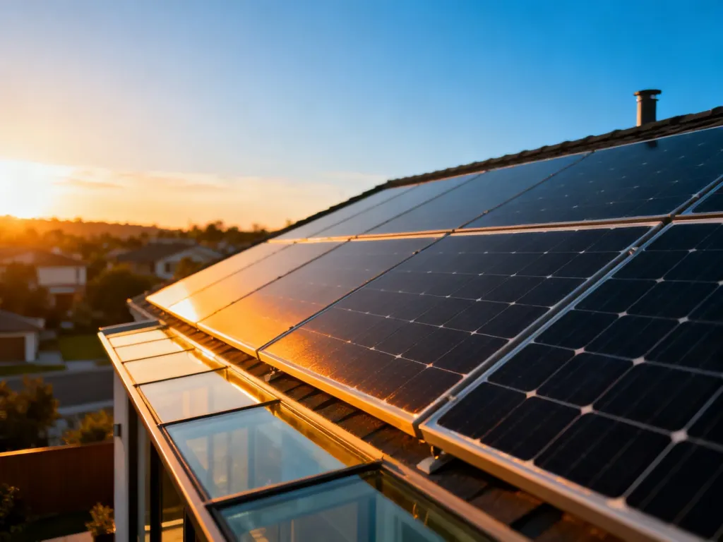 Nowoczesne panele fotowoltaiczne na dachu domu o zachodzie słońca, ilustrujące instalację systemów energii słonecznej.