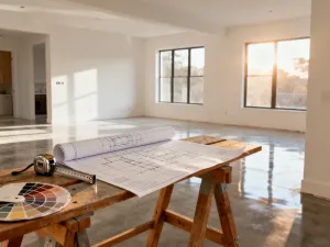 Projekt architektoniczny, kalkulator i monety na drewnianym stole, symbolizujące planowanie kosztów budowy domu.