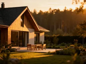 Wizualizacja budowy nowoczesnych domów szeregowych z planami architektonicznymi i narzędziami na pierwszym planie.