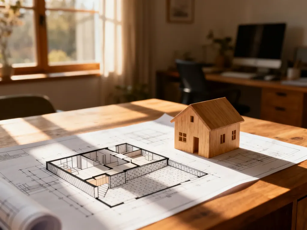 Projekt architektoniczny nowoczesnego domu z widoczną piwnicą oraz drewniana makieta budynku na biurku.