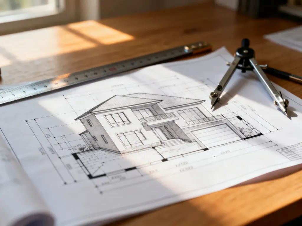 Projekt architektoniczny domu rozłożony na biurku z widocznymi wymiarami i narzędziami pomiarowymi.