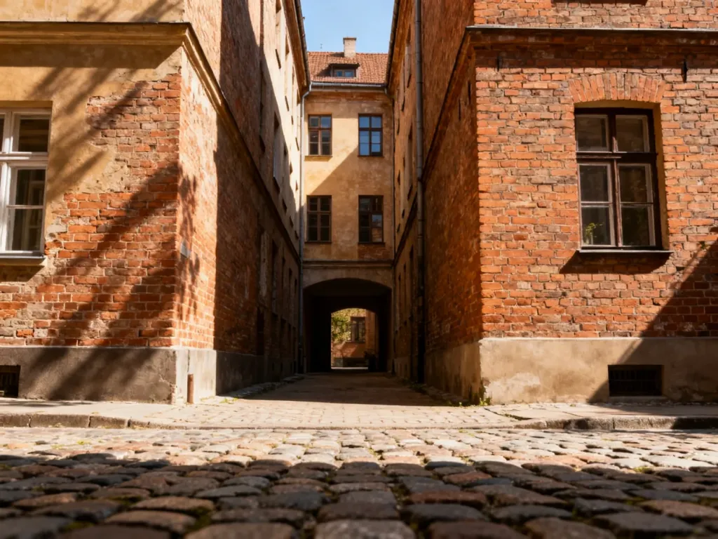 Zabytkowa kamienica z widocznym przejściem do oficyny i brukowanym podwórzem w promieniach porannego słońca.
