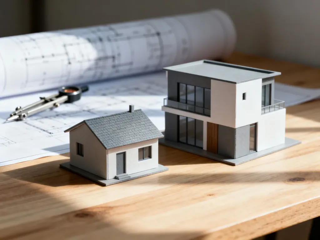 Makiety domu parterowego i piętrowego na stole, obok planów budowlanych. Porównanie modeli architektonicznych.