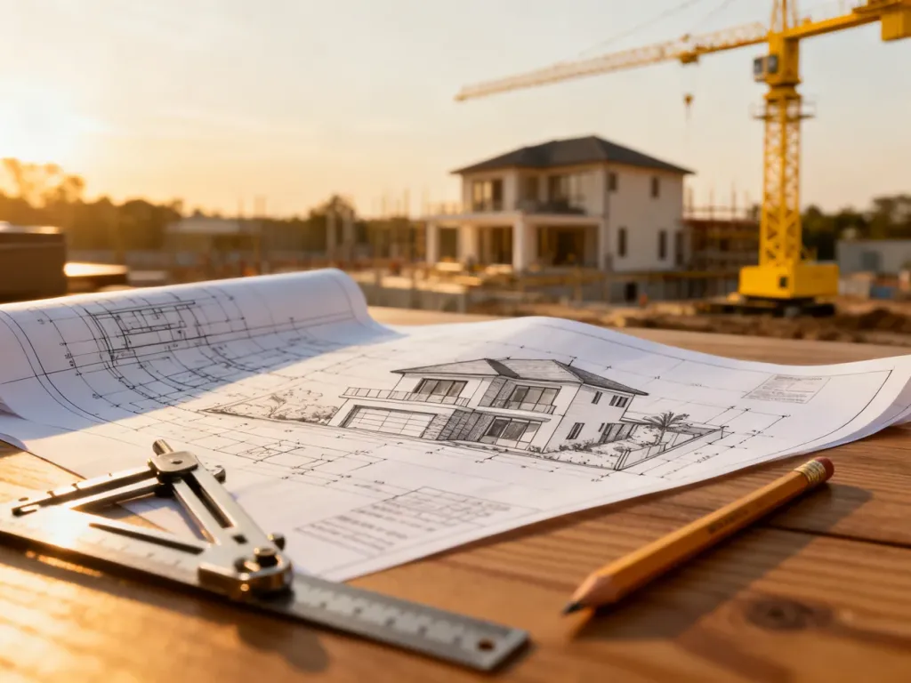 Projekt architektoniczny domu na drewnianym biurku z przyborami kreślarskimi na tle placu budowy z żurawiem.