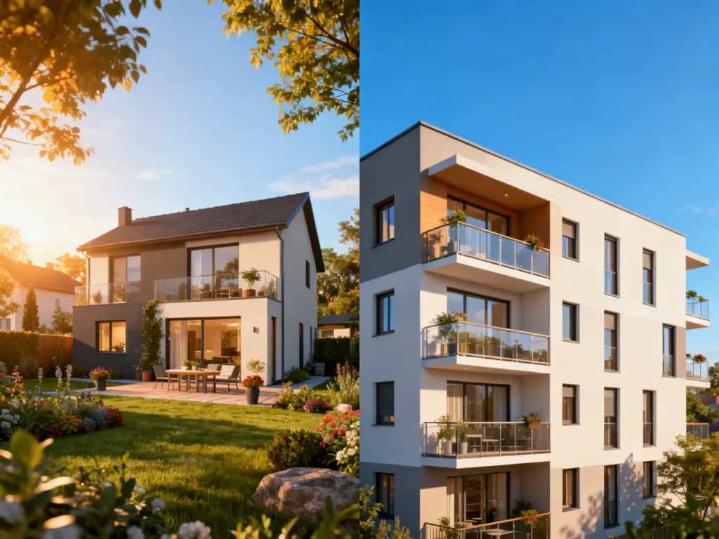 Porównanie nowoczesnego domu z ogrodem oraz współczesnego apartamentowca, ilustrujące wybór między domem a mieszkaniem.