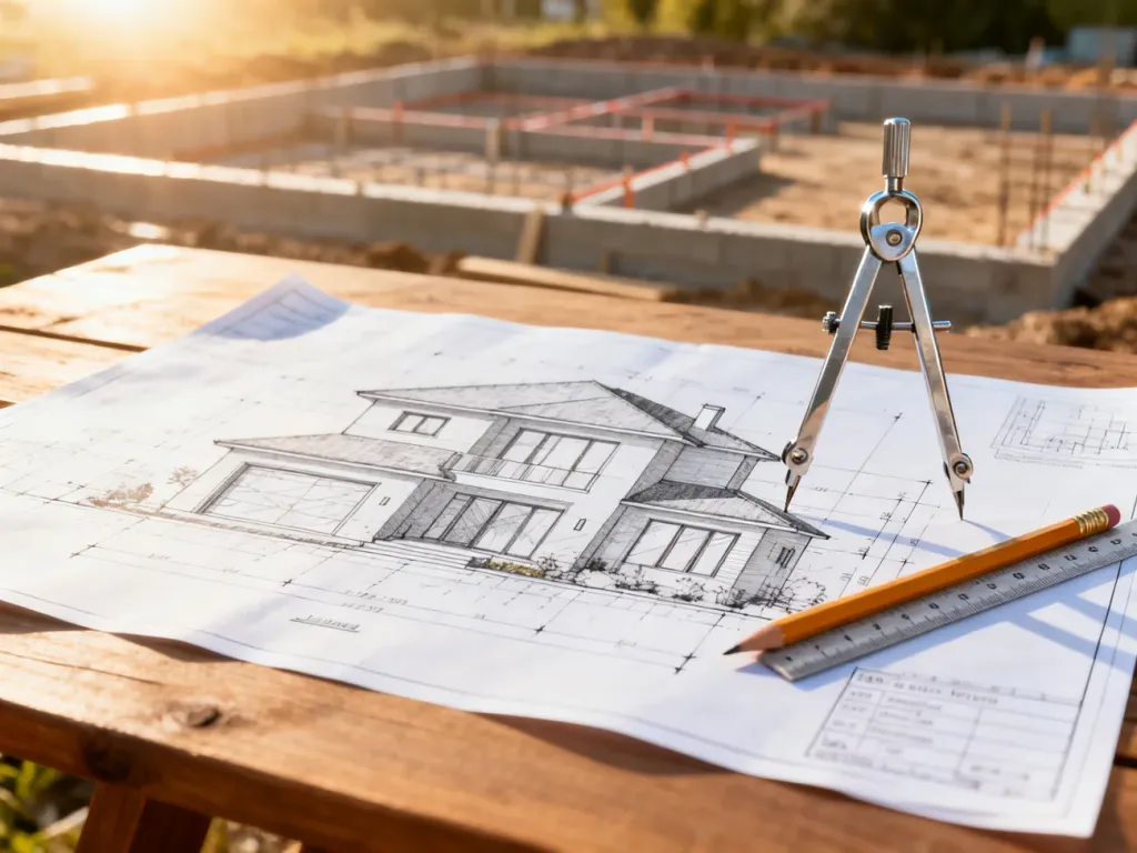 Szczegółowy projekt architektoniczny domu na drewnianym stole z przyborami kreślarskimi i placem budowy w tle.