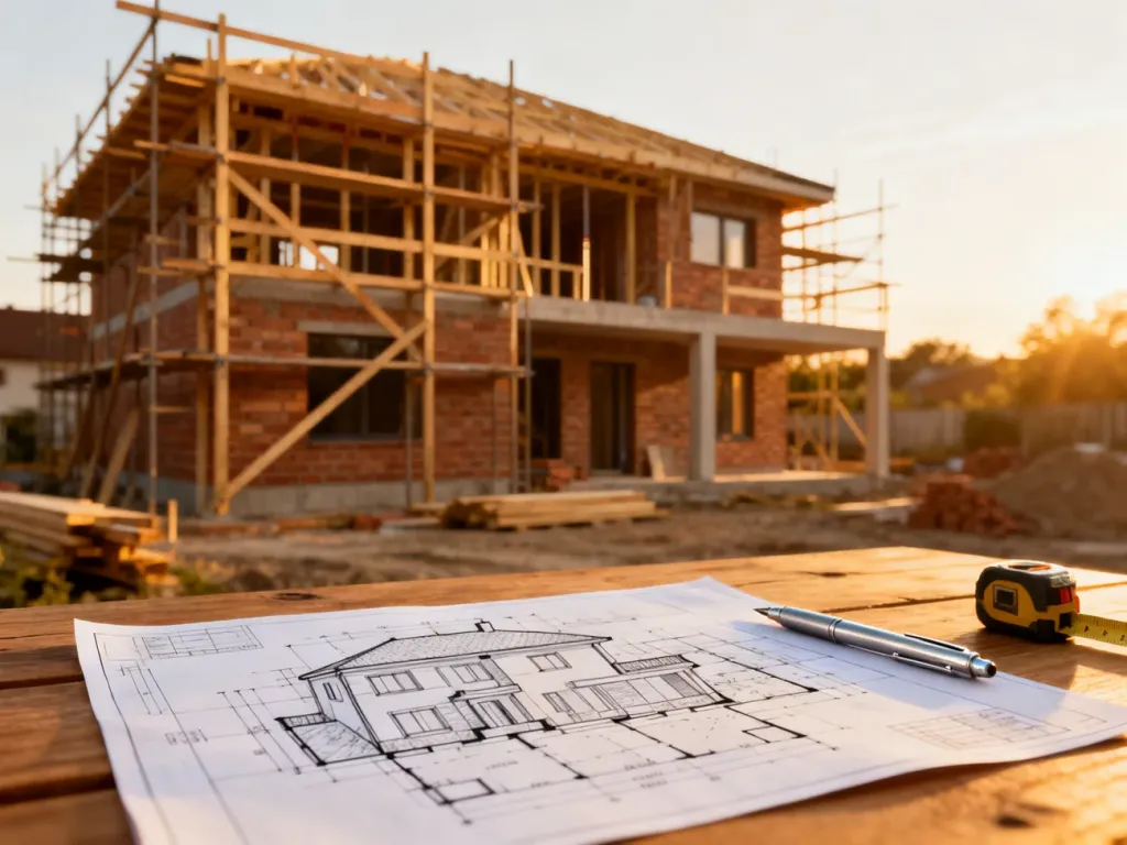 Wizualizacja nowoczesnego domu w budowie z planami architektonicznymi, miarką i ołówkiem na pierwszym planie.
