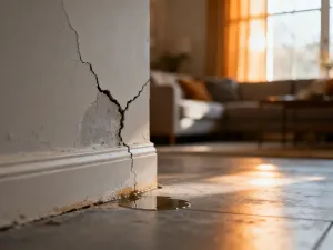 Jasny salon w szeregowcu z dużym oknem, przez które wpada naturalne światło, rozjaśniające minimalistyczne wnętrze.