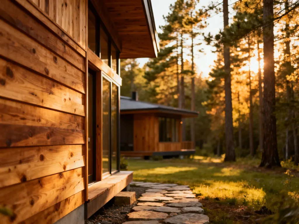 Nowoczesny dom z drewna w otoczeniu lasu o zachodzie słońca, prezentujący naturalne materiały i przytulną architekturę.