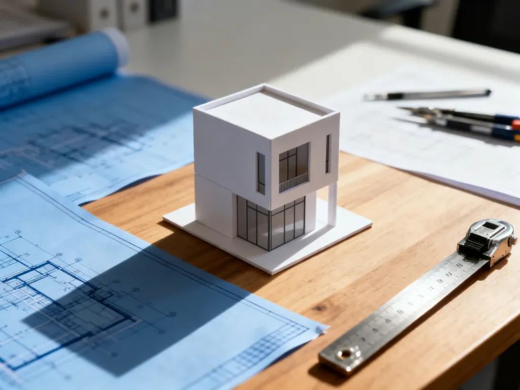 Model architektoniczny minimalistycznego domu na tle planów budowlanych i miarki, symbolizujący planowanie budowy.