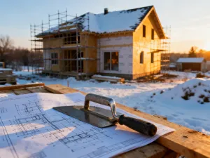 Plany architektoniczne i makieta domu na biurku, symbolizujące proces planowania inwestycji budowlanej.